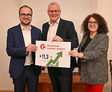 Bürgermeister Thomas Steiner, der 1. Vizebürgermeister Istvan Deli (l.) und Regina Lackner, neue Obfrau des Ausschusses für Kultur & Tourismus, freuen sich über die aktuellen Tourismuszahlen. 