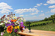 Tisch mit Weinflasche und Blumenstrauß im Sonnigen Weingarten