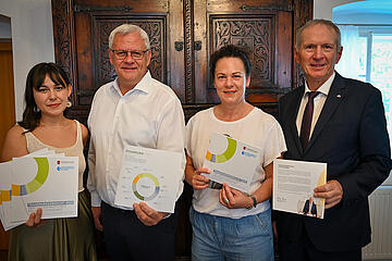 Bürgermeister Thomas Steiner mit Grünen-Klubobfrau Samara Sánchez Pöll (l.), 2. Vizebürgermeisterin Charlotte Toth-Kanyak (SPÖ) sowie Finanzstadtrat Michael Freismuth (r.). 