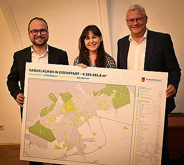 Bürgermeister Thomas Steiner gemeinsam mit dem 1. Vizebürgermeister Istvan Deli (l.) und Grünen-Klubobfrau Samara Sánchez Pöll. Gemeinsam brachten sie einen Antrag zum Schutz der Grünflächen in Eisenstadt ein. 