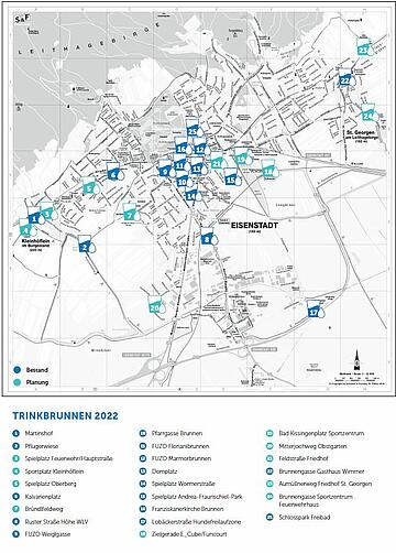 Eine Karte mit den Standorten aller bestehenden und geplanten Trinkbrunnen. 